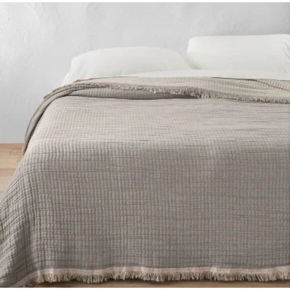 Full/Queen Reversible Textured Cotton Chambray Coverlet Dark Gray/White NEW - Picture 5 of 7